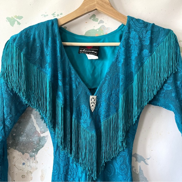 VTG Karen Okada For David Howard Climax Dress Size 3/4 Teal Floral Lace Fringe - Picture 2 of 13